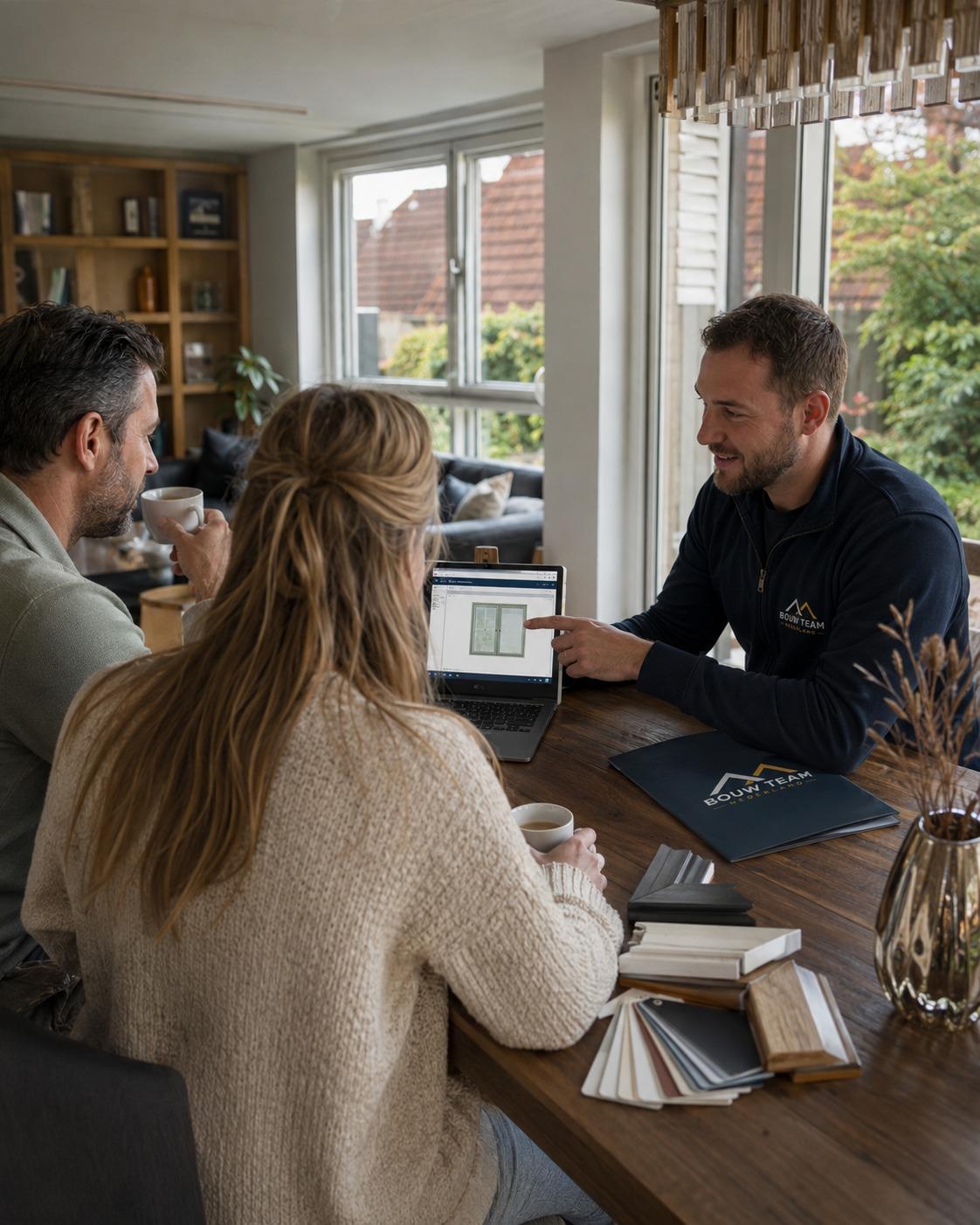 Een adviseur stelt samen met een klant kozijnen samen op een tablet