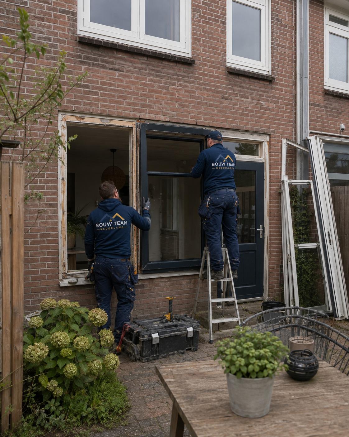 Twee vakmensen plaatsen een nieuw kozijn in een woning