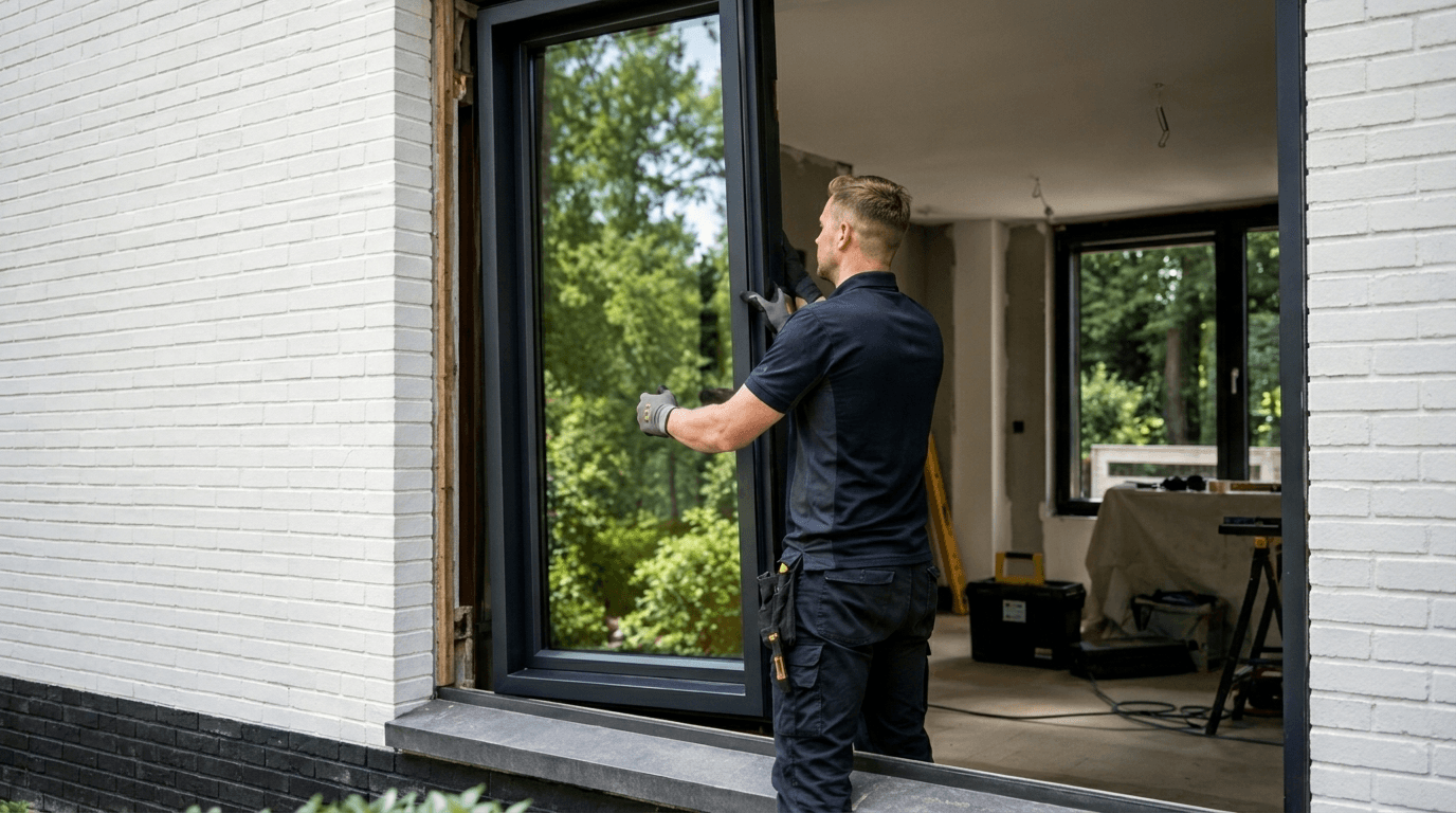 Twee vakmensen plaatsen een nieuw kozijn in een woning