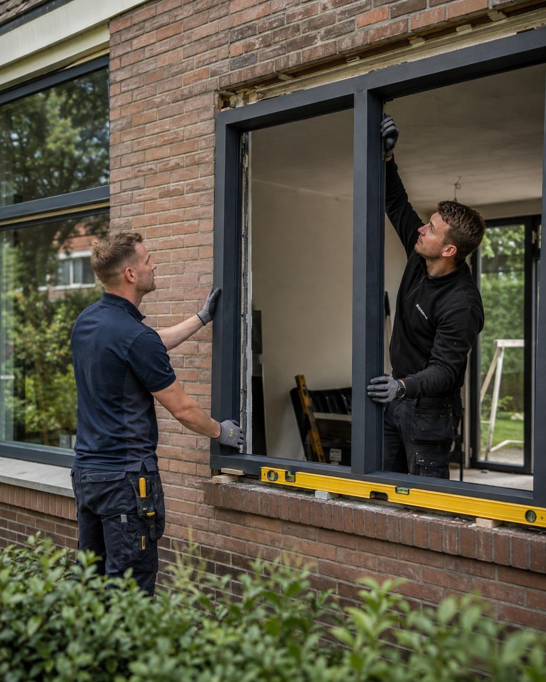 Twee monteurs plaatsen samen een kozijn