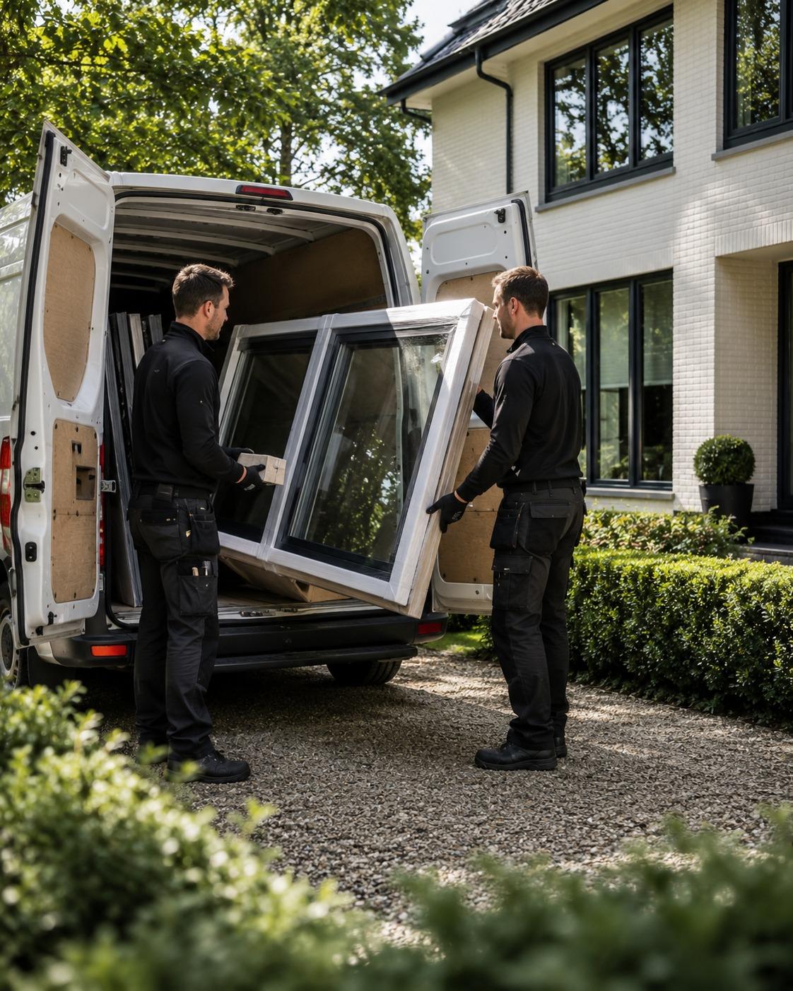 Kozijn wordt uit de bus geladen