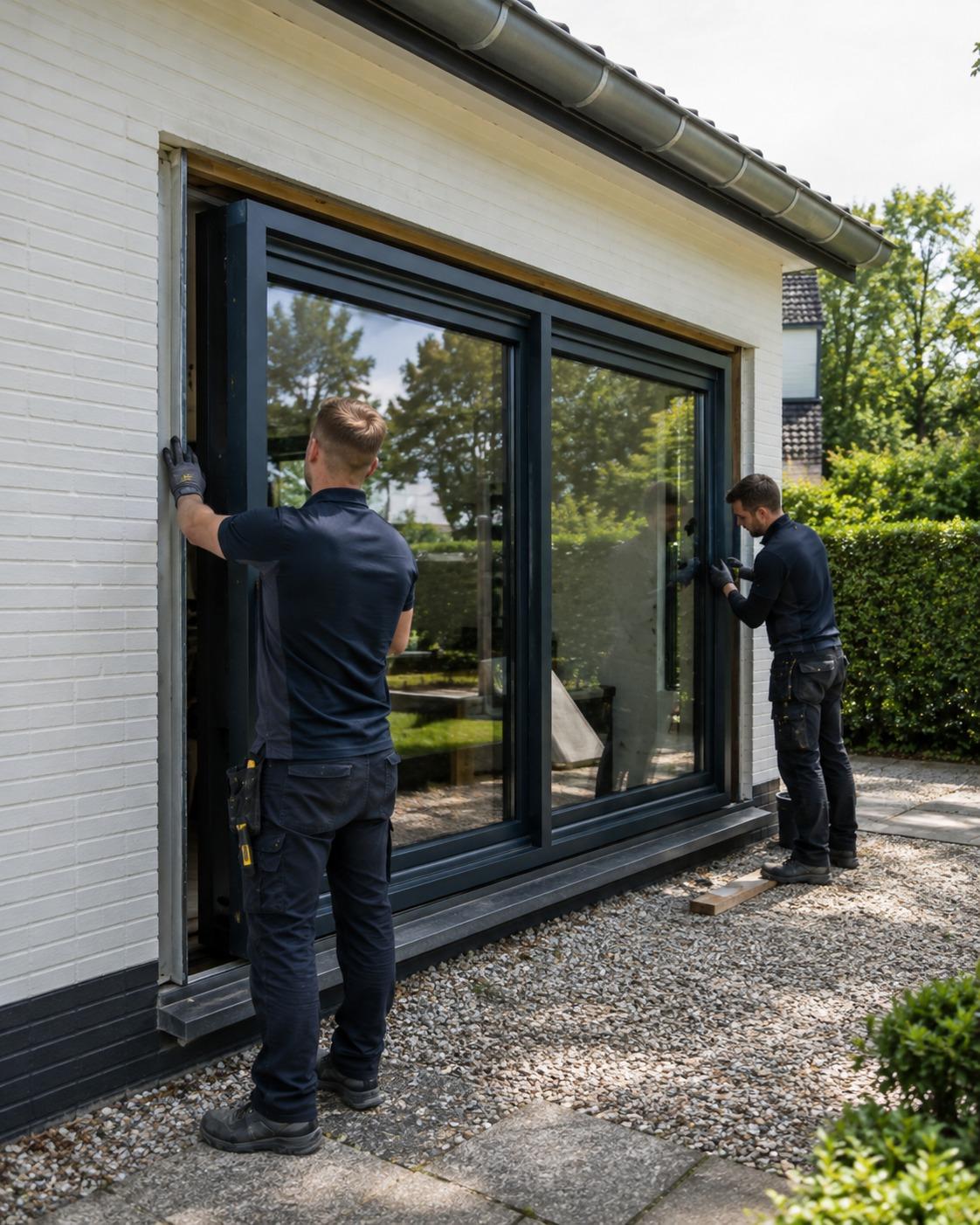 Monteurs plaatsen een schuifpui aan de tuinzijde