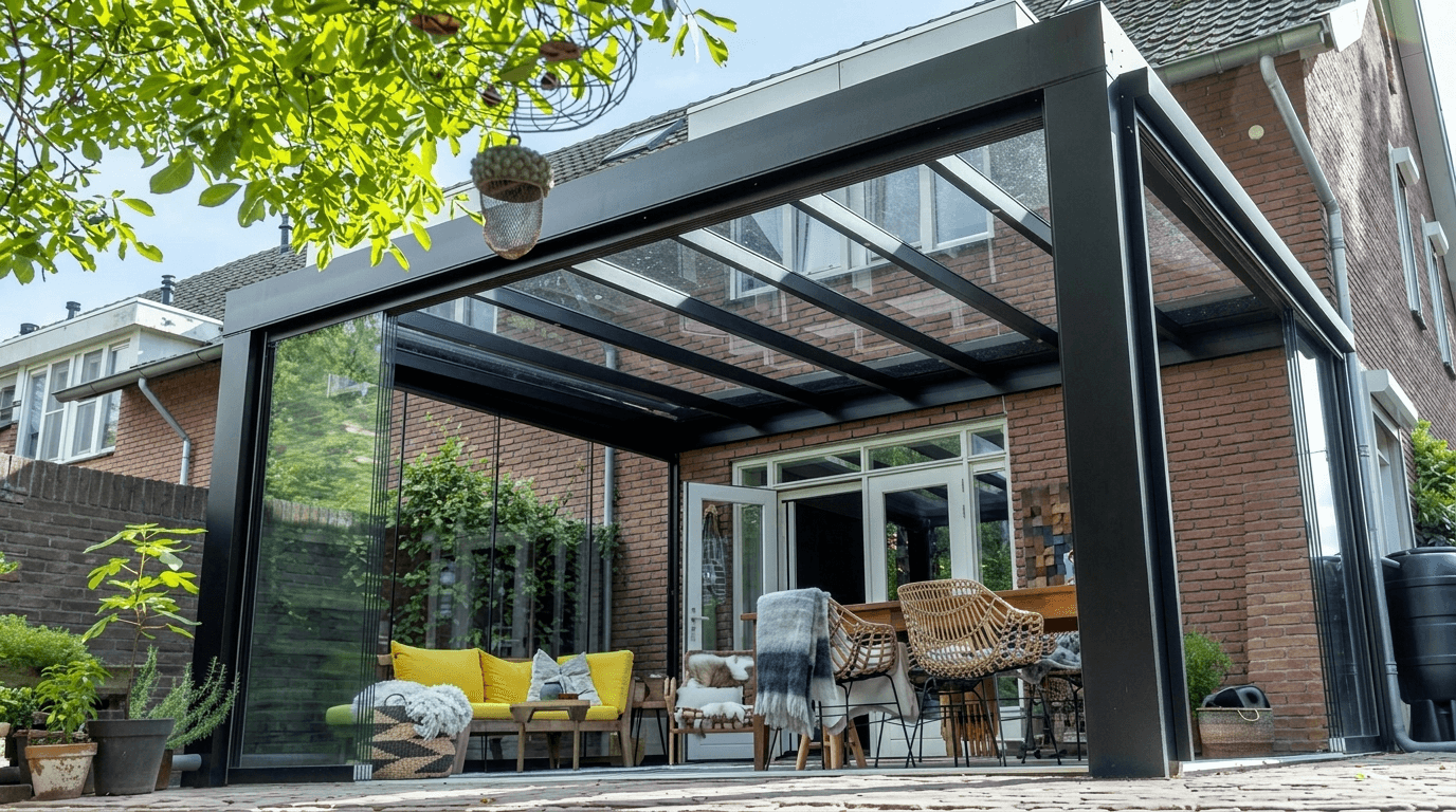 Veranda met glazen dak en schuifwanden tegen de achtergevel van een woning