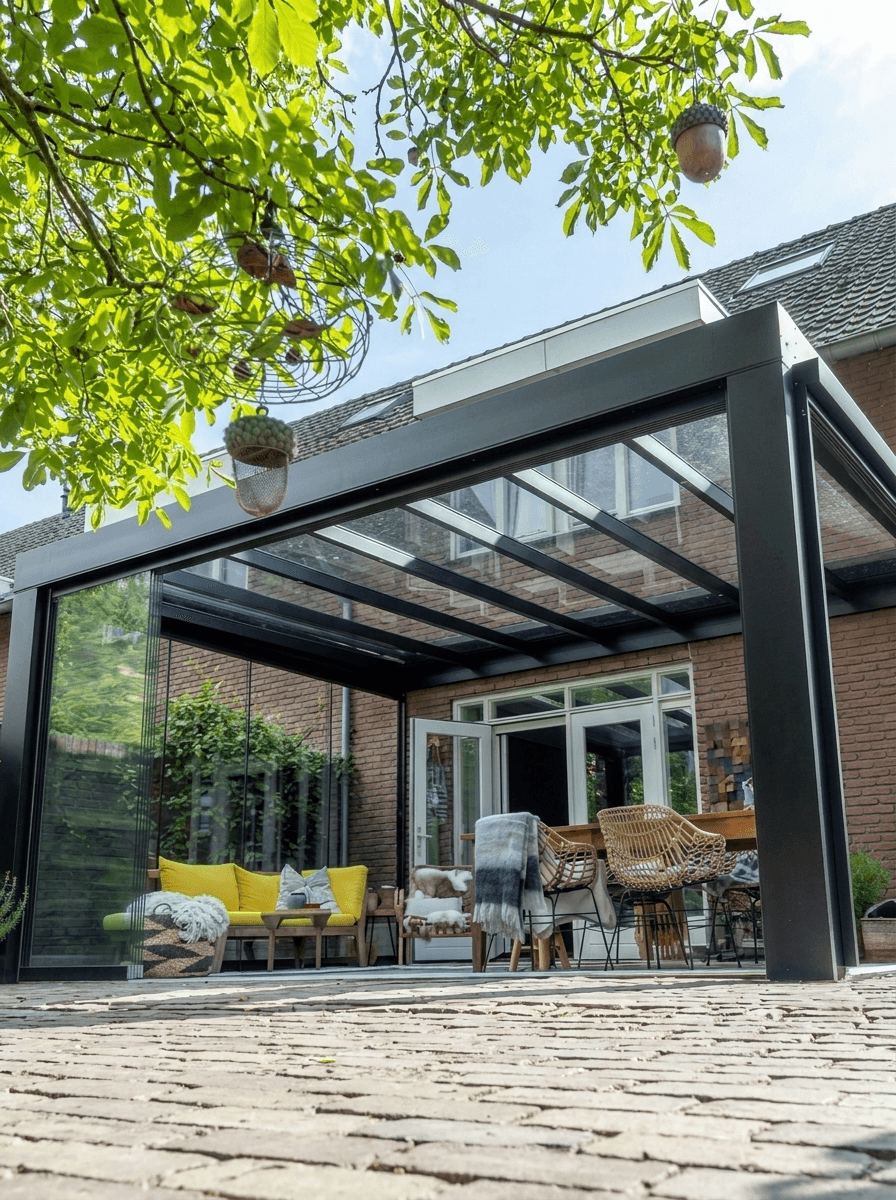 Veranda met glazen dak en schuifwanden tegen de achtergevel van een woning