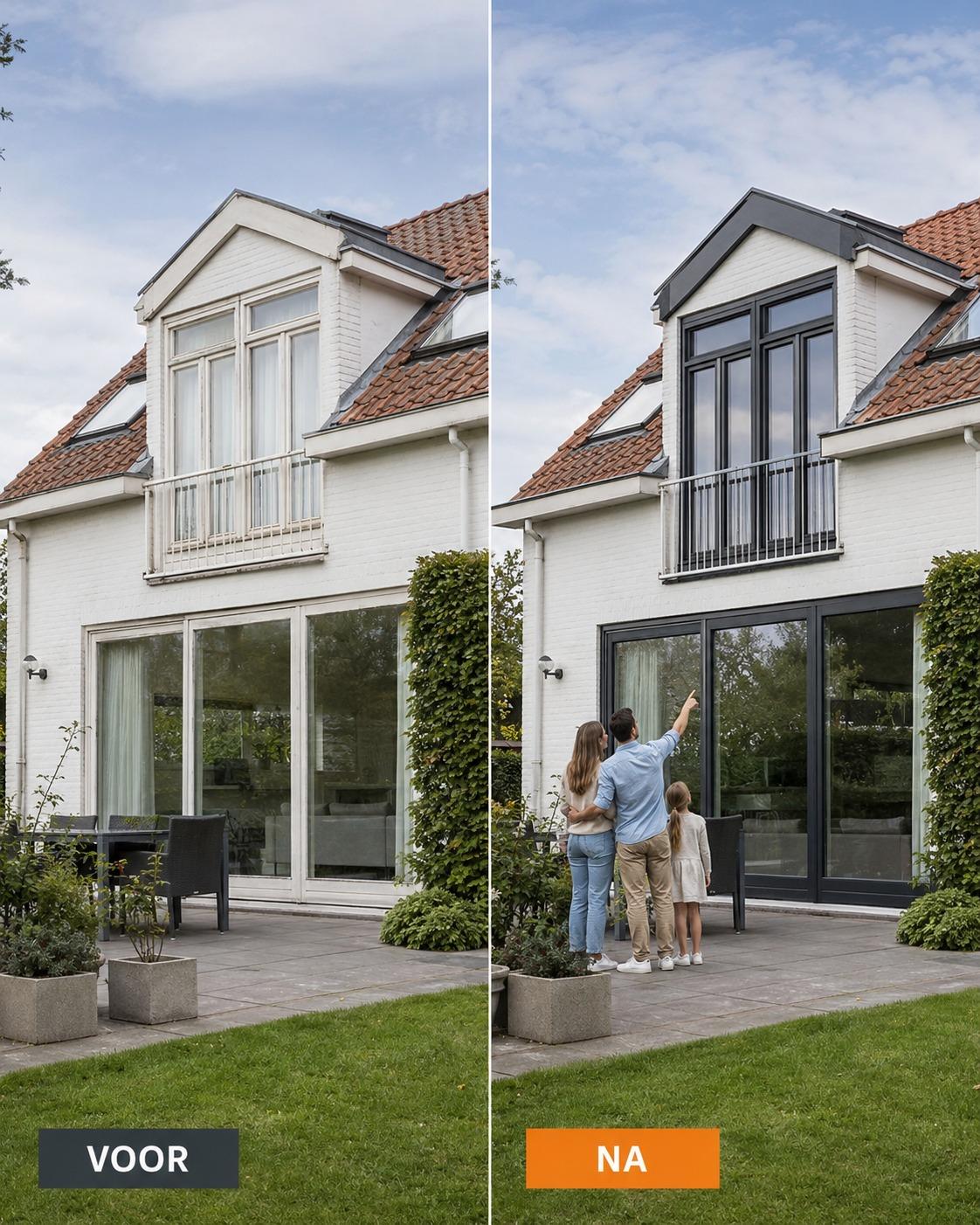 Voor en na: woning met nieuwe dakkapel en bredere schuifpui aan de tuinzijde