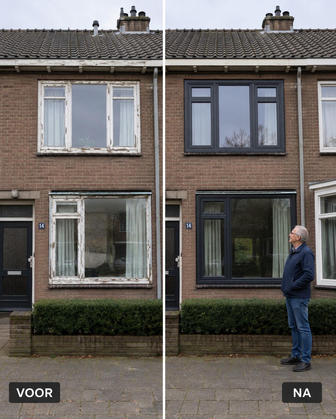 Voor en na: witte verweerde houten kozijnen vervangen door antraciete kunststof kozijnen