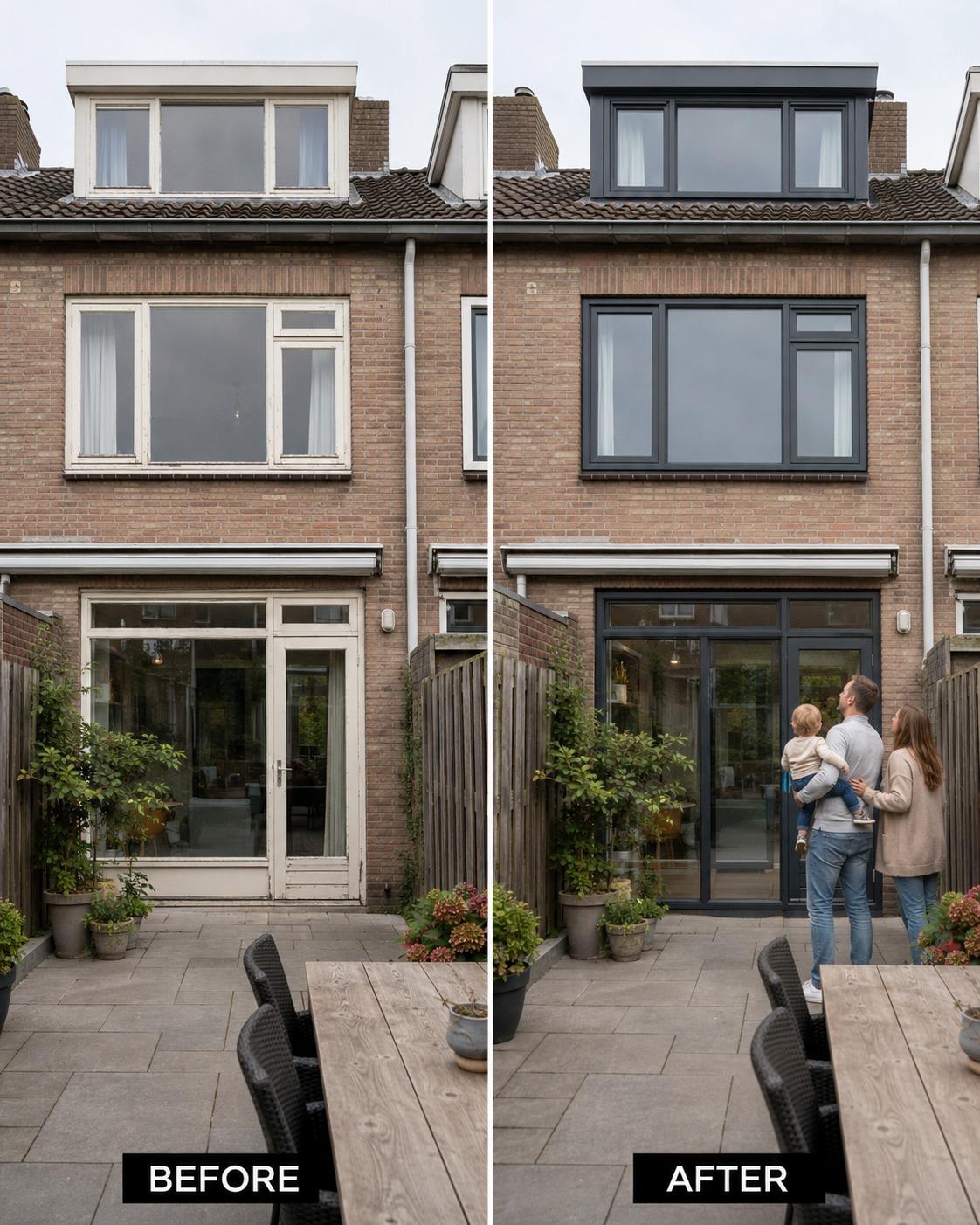 Voor en na: verouderde kozijnen in de achtergevel vervangen door nieuwe kunststof kozijnen