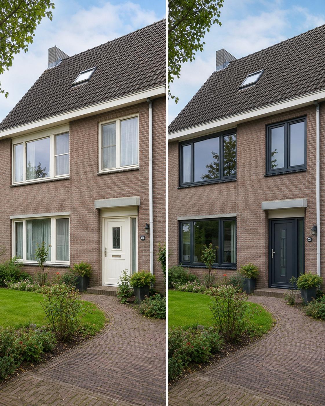 Voor en na: crèmekleurige kozijnen en voordeur vervangen door antraciete uitvoering