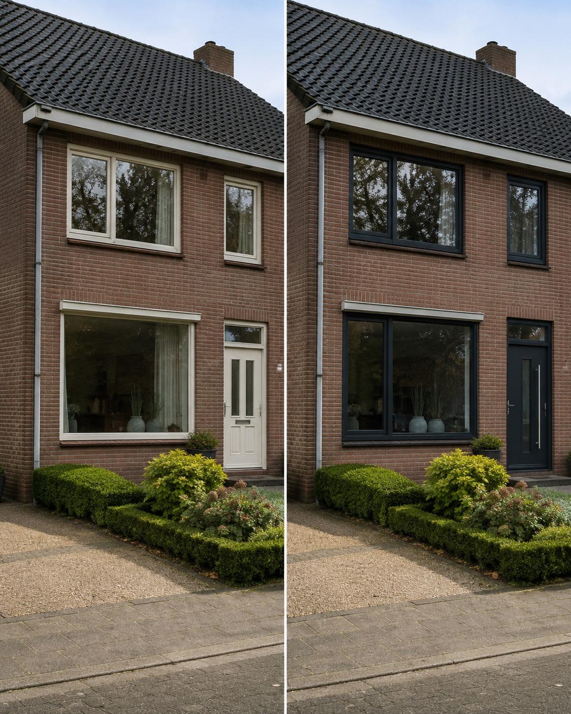 Voor en na: gevel met vernieuwde kozijnen en achterdeur