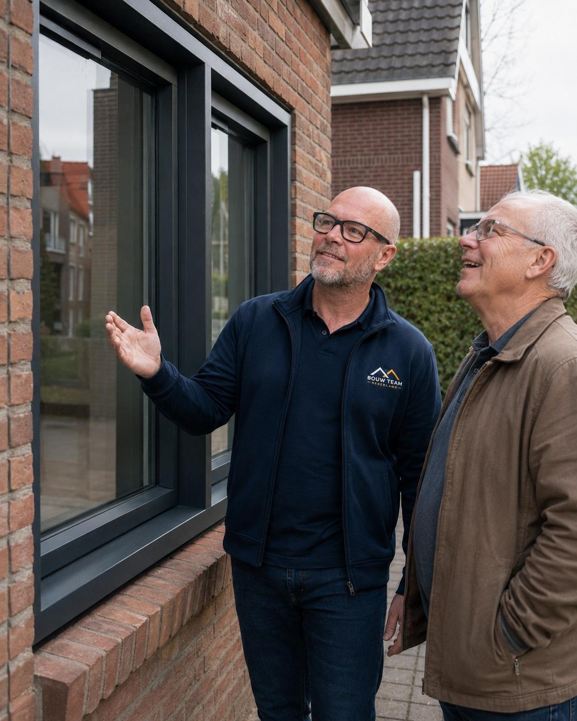 Robin van Bouw Team Nederland wijst een klant een nieuw kozijn aan